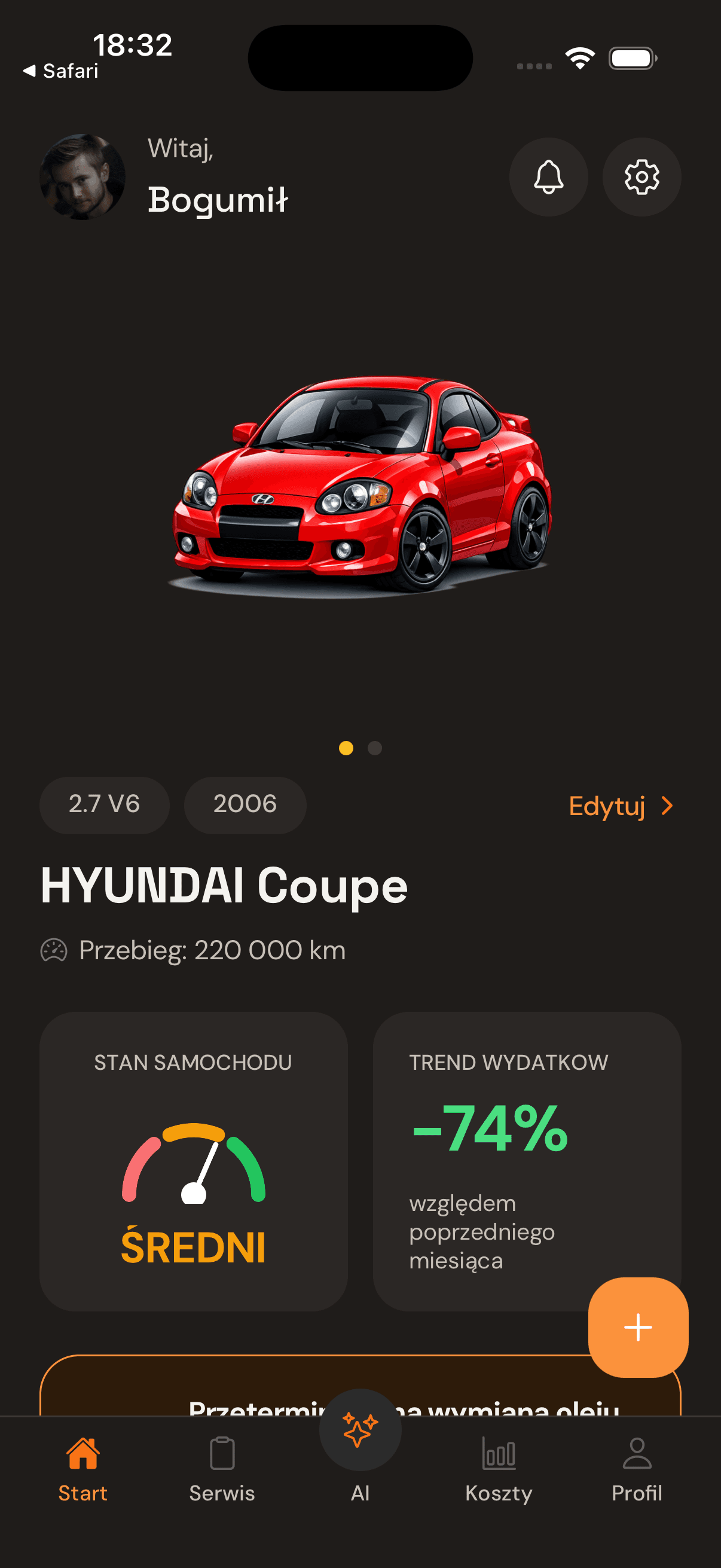 Ekran główny aplikacji CarSense z dashboardem auta.