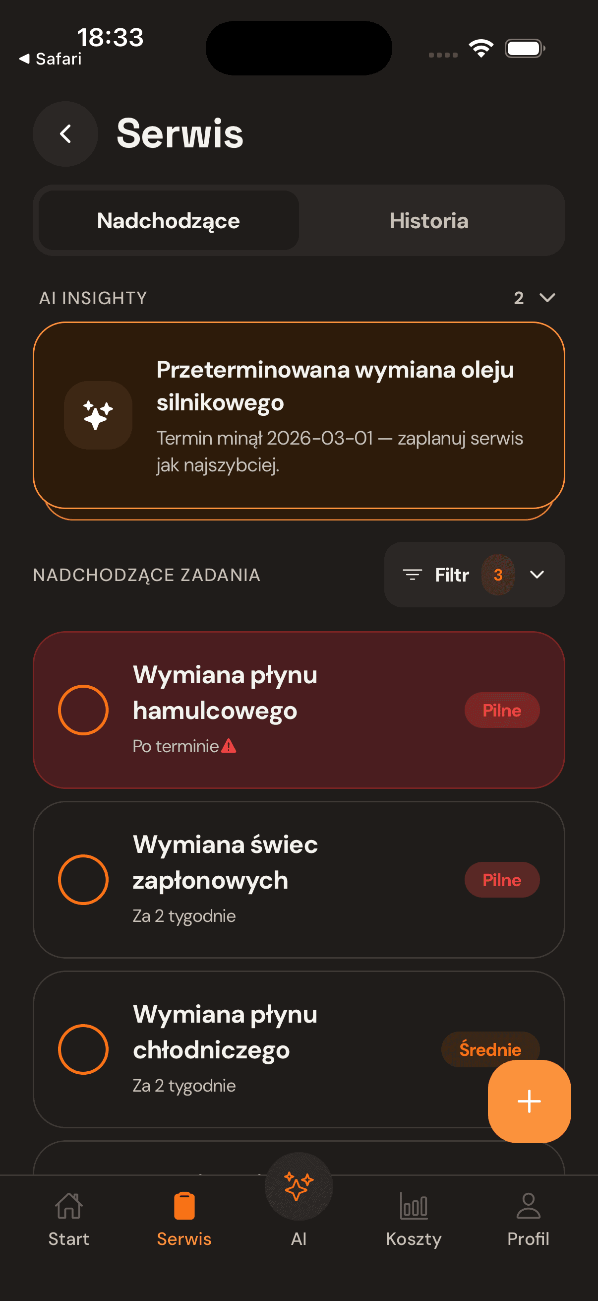 Nadchodzące zadania serwisowe w CarSense.