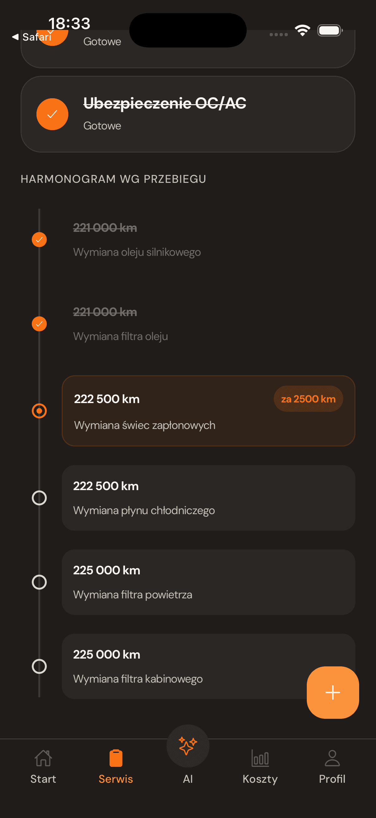 Harmonogram serwisu i przebieg auta w CarSense.
