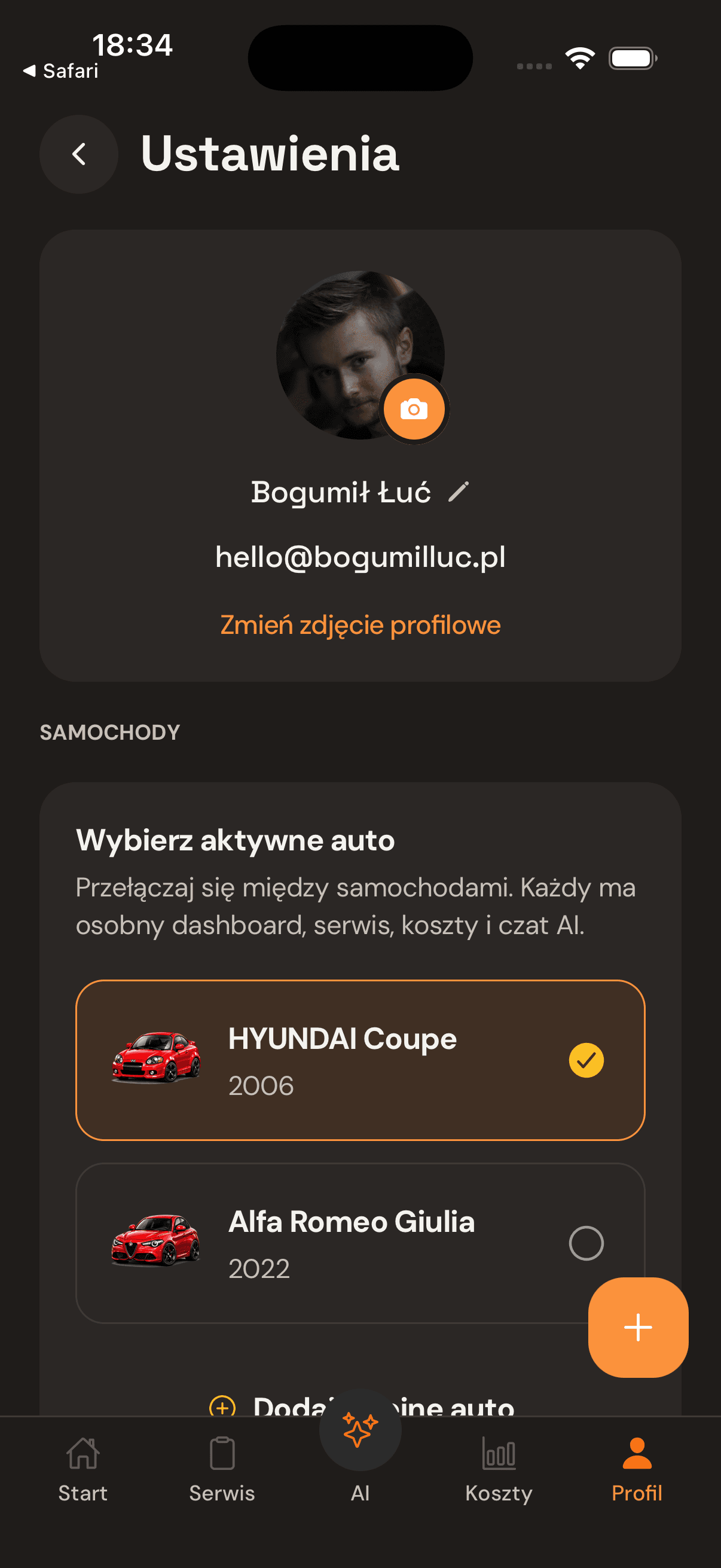 Profil samochodu i ustawienia pojazdu w CarSense.