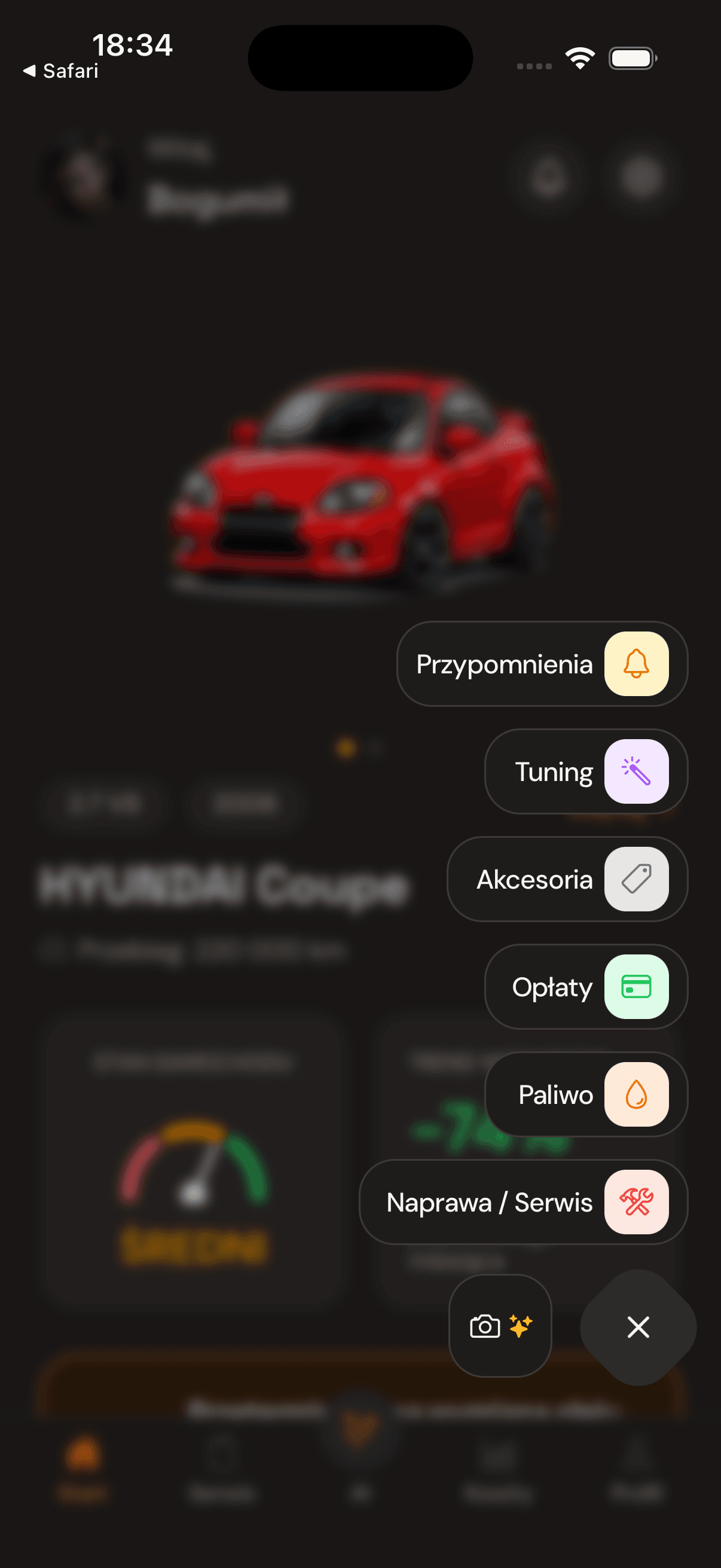 Szybkie akcje na dashboardzie CarSense.