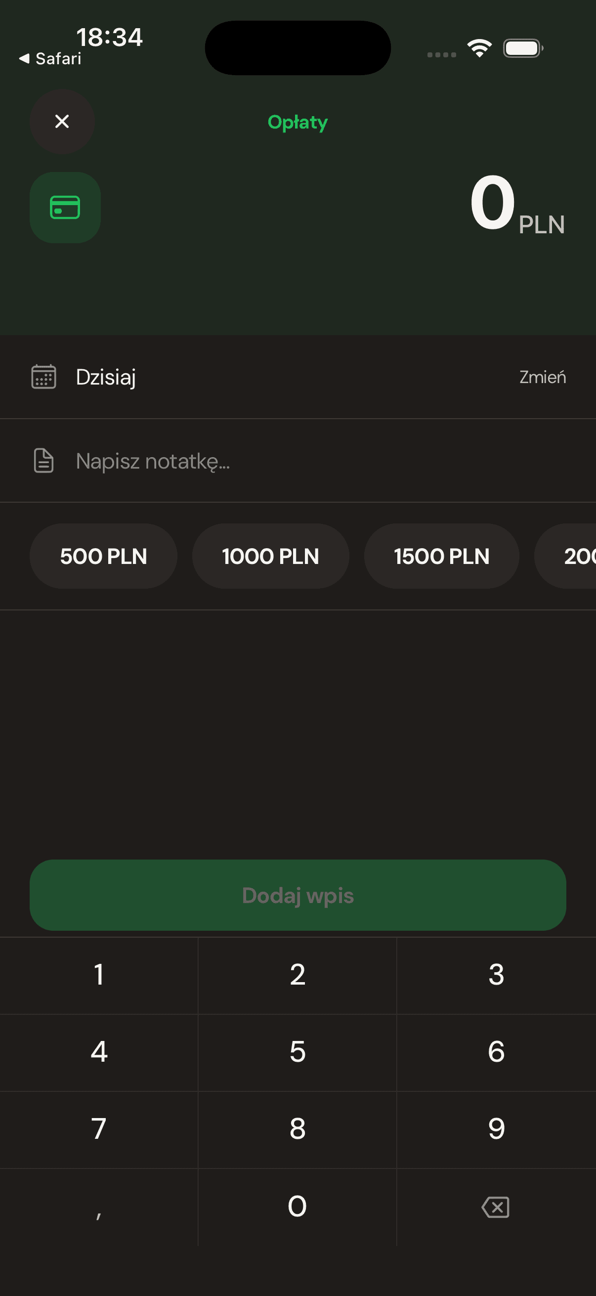 Formularz dodawania opłaty w aplikacji CarSense.