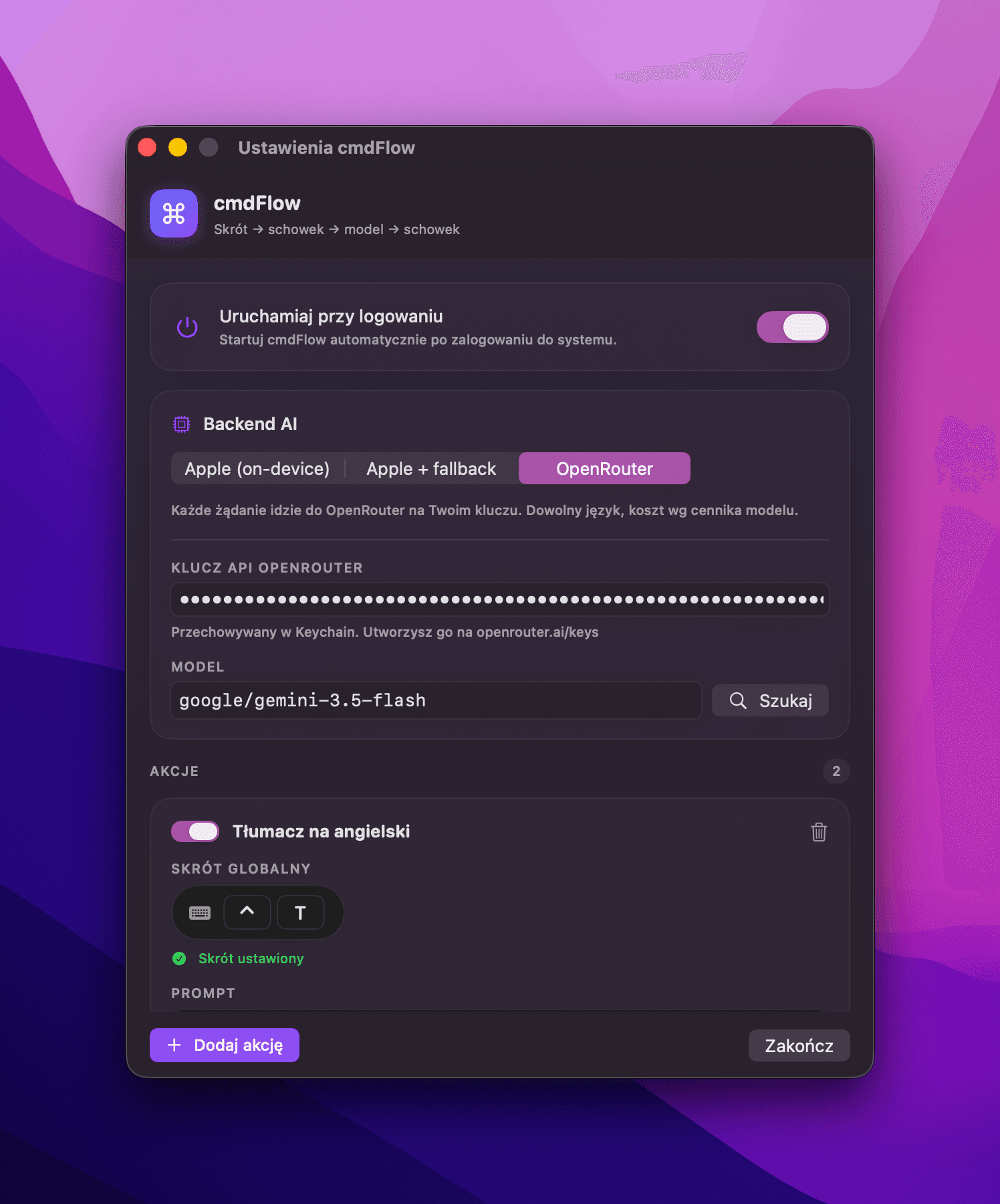 cmdFlow settings window with AI backend selection and actions.