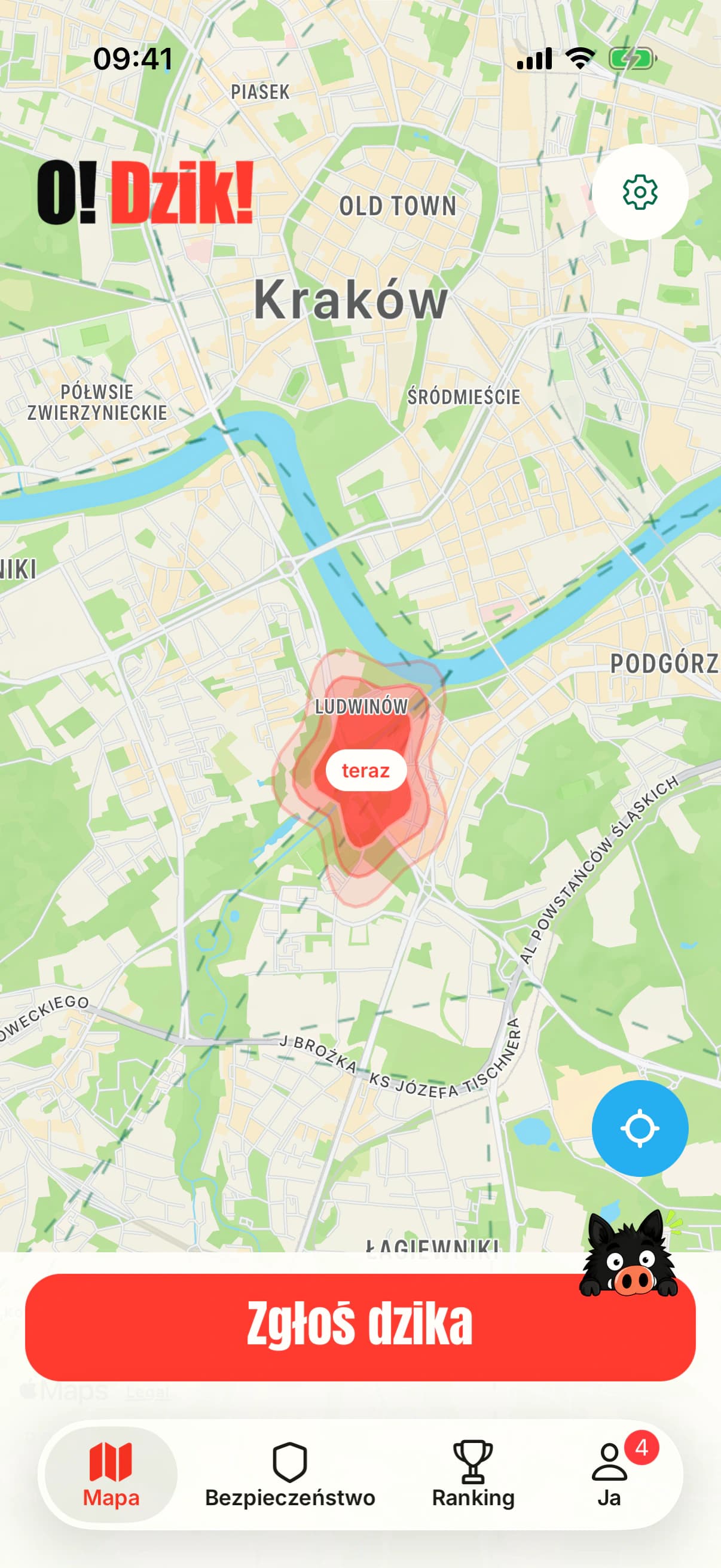 Mapa Krakowa ze strefą świeżej obserwacji dzika w aplikacji O! Dzik!.
