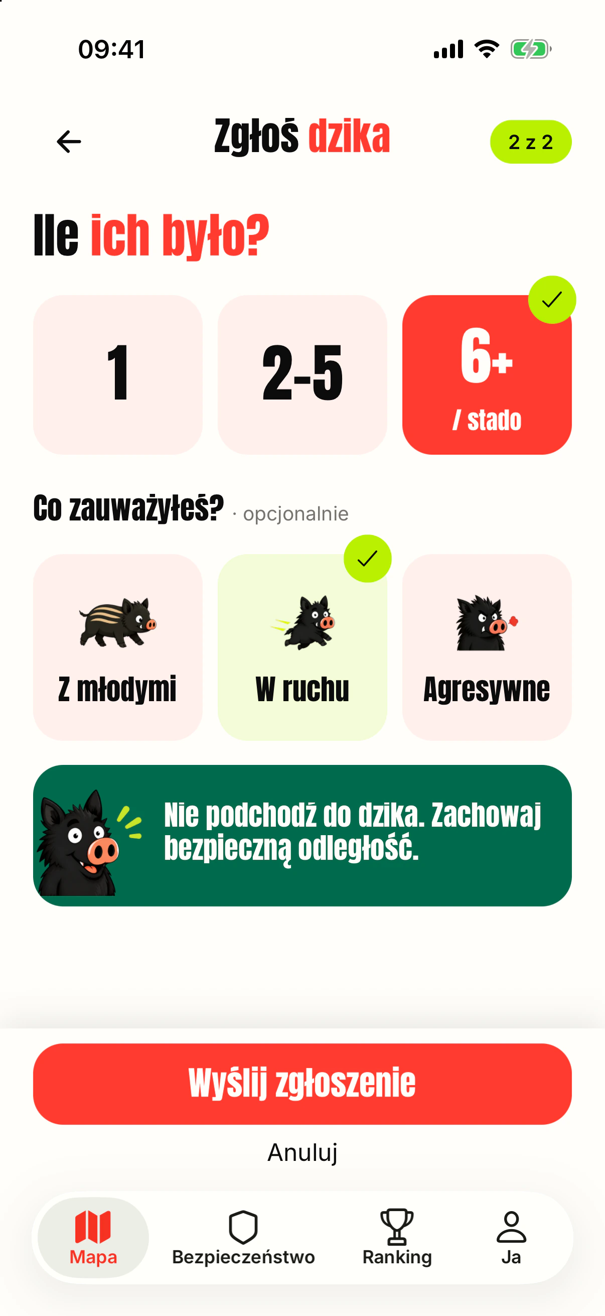 Formularz zgłoszenia obserwacji dzika w aplikacji O! Dzik!.