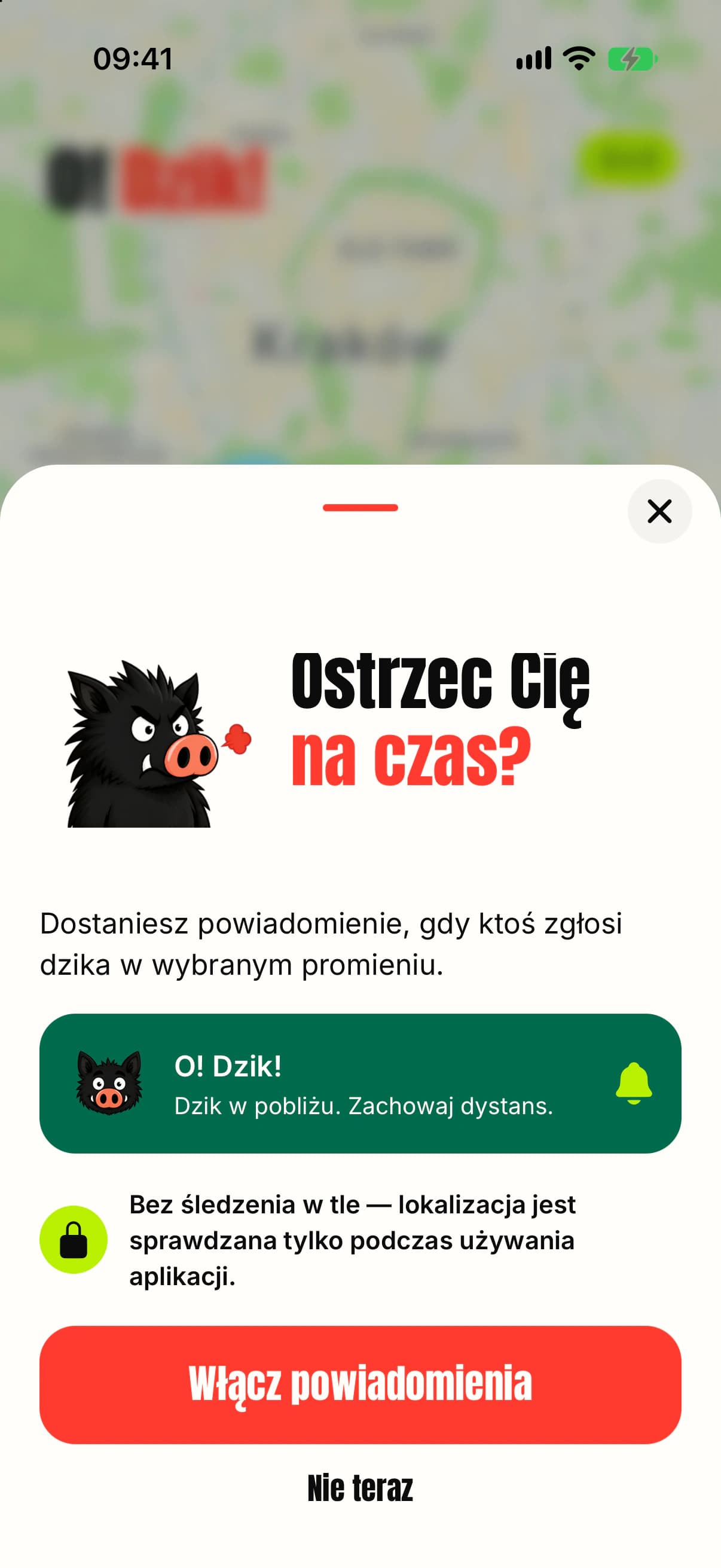 Ekran włączania powiadomień o dzikach w pobliżu w O! Dzik!.