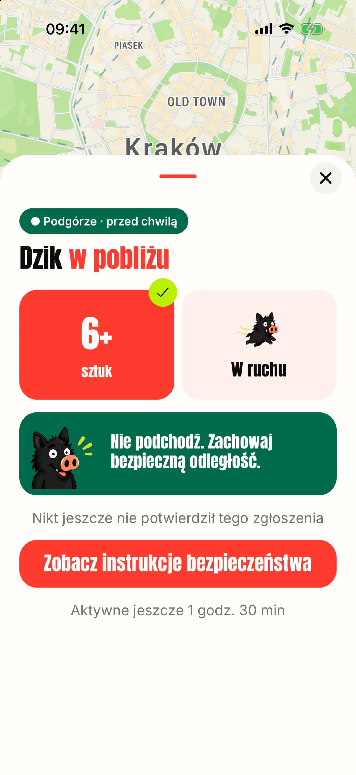 Szczegóły zgłoszenia dzika w pobliżu w aplikacji O! Dzik!.