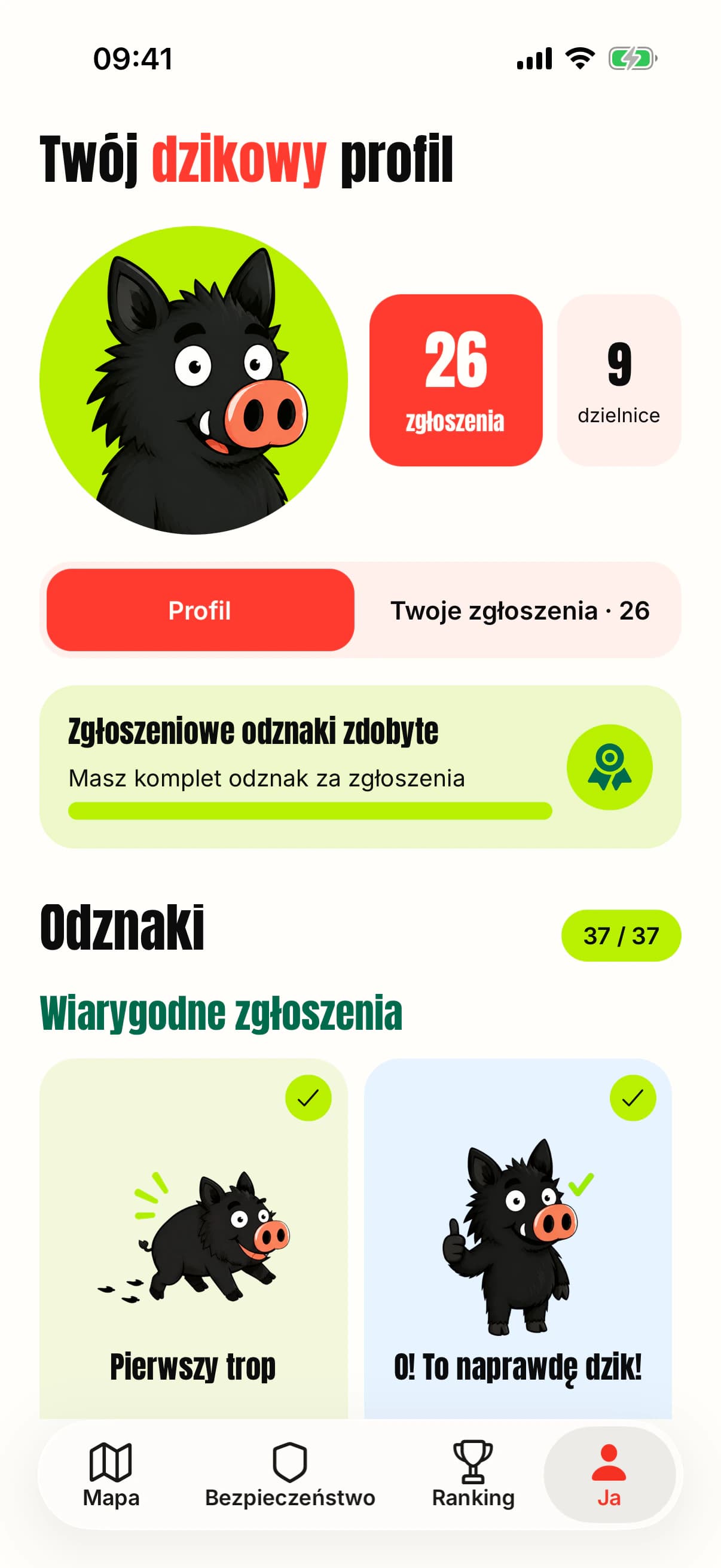 Anonimowy profil i kolekcja odznak w aplikacji O! Dzik!.