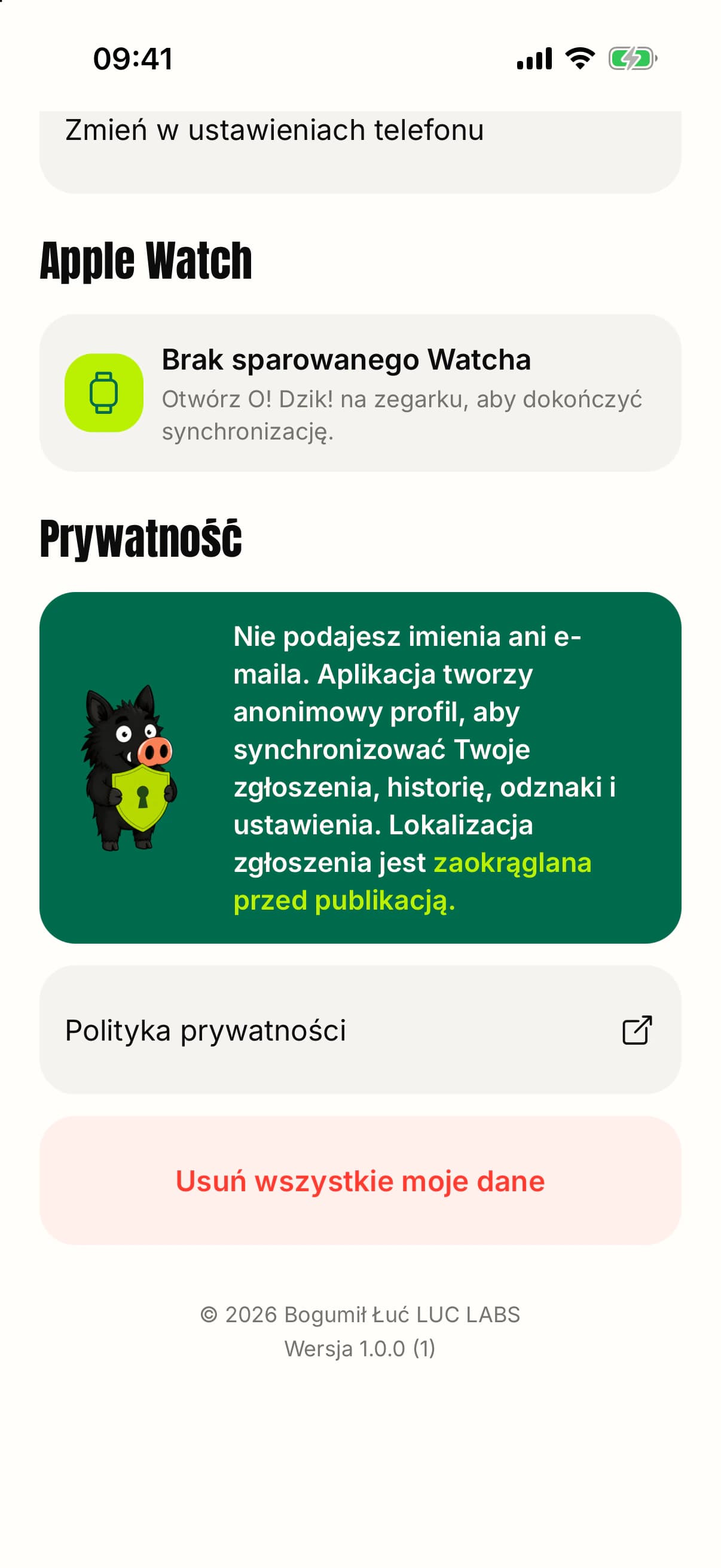 Ustawienia prywatności i usuwania danych w aplikacji O! Dzik!.